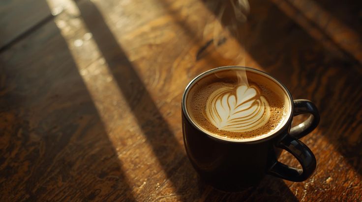 Signature latte with leaf art on a wooden table